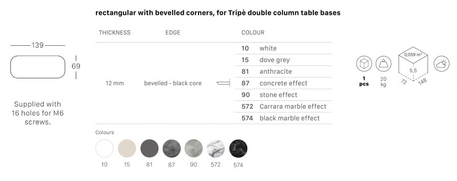 Столешница прямоугольная со скругленными углами Compact Laminate для подстолья Tripe Double