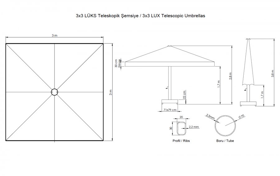 Зонт профессиональный 3х3 м Lux Telescopic