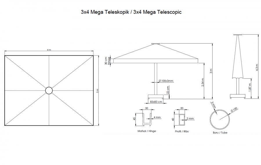 Зонт профессиональный 3х4 м Mega Telescopic