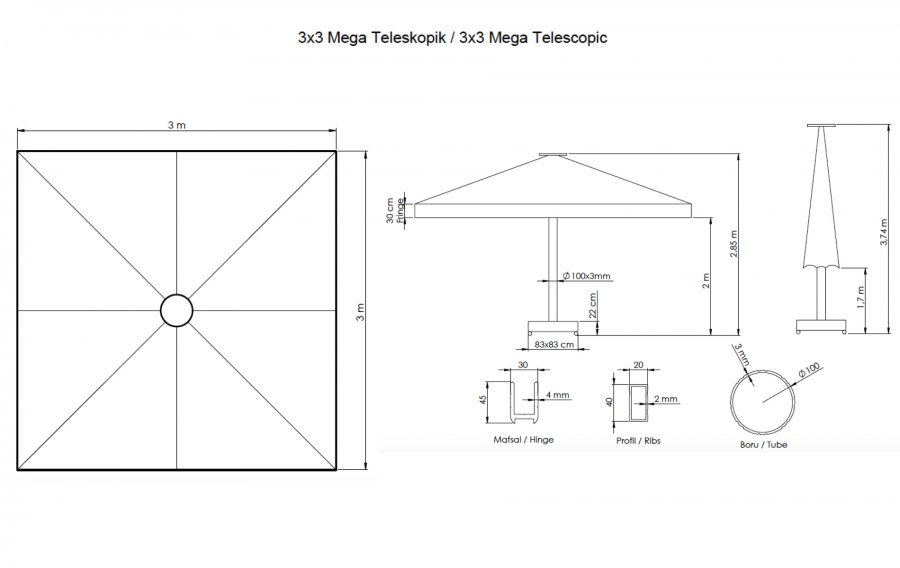Зонт профессиональный 3х3 м Mega Telescopic