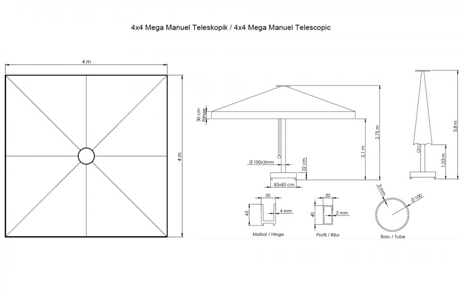 Зонт профессиональный 4х4 м Mega Telescopic Manual