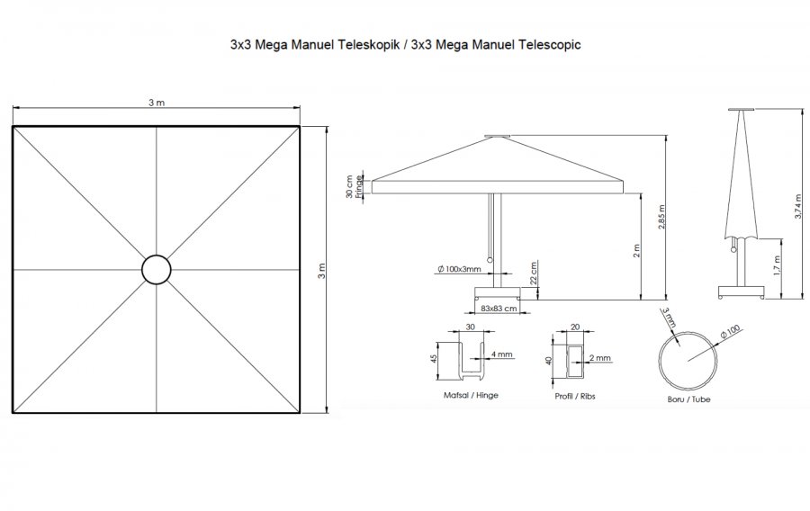 Зонт профессиональный 3х3 м Mega Telescopic Manual