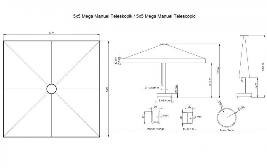 Зонт профессиональный 5х5 м Mega Telescopic Manual