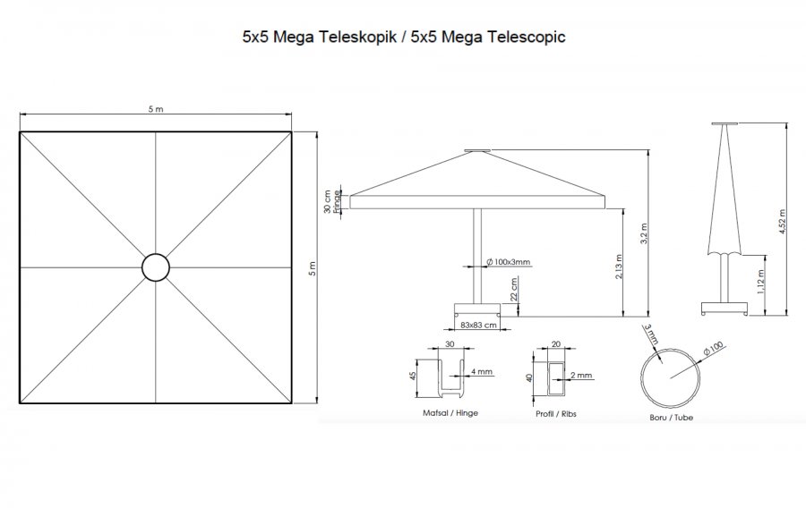 Зонт профессиональный 5х5 м Mega Telescopic