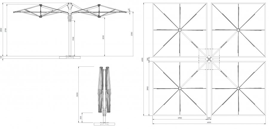 Зонт профессиональный четырехкупольный 6х6 м Galaxia Quattro Timber